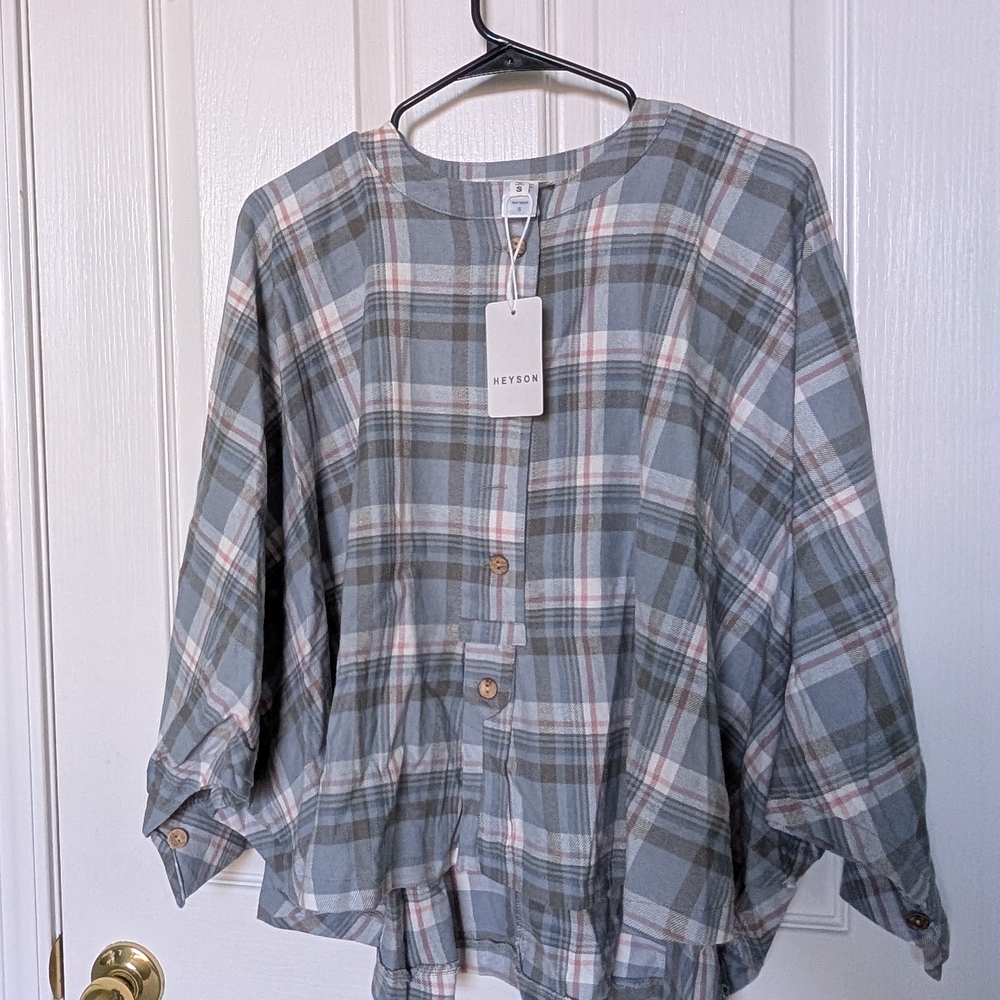 Blue and Gray Puff Sleeve Blouse with Mandarin Collar - Picture 2 of 5